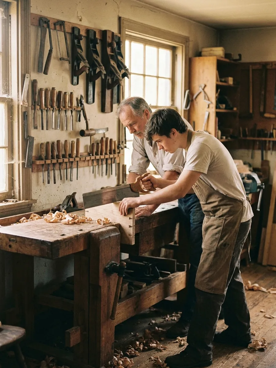 A woodworking teacher guiding a student through a dovetail cut